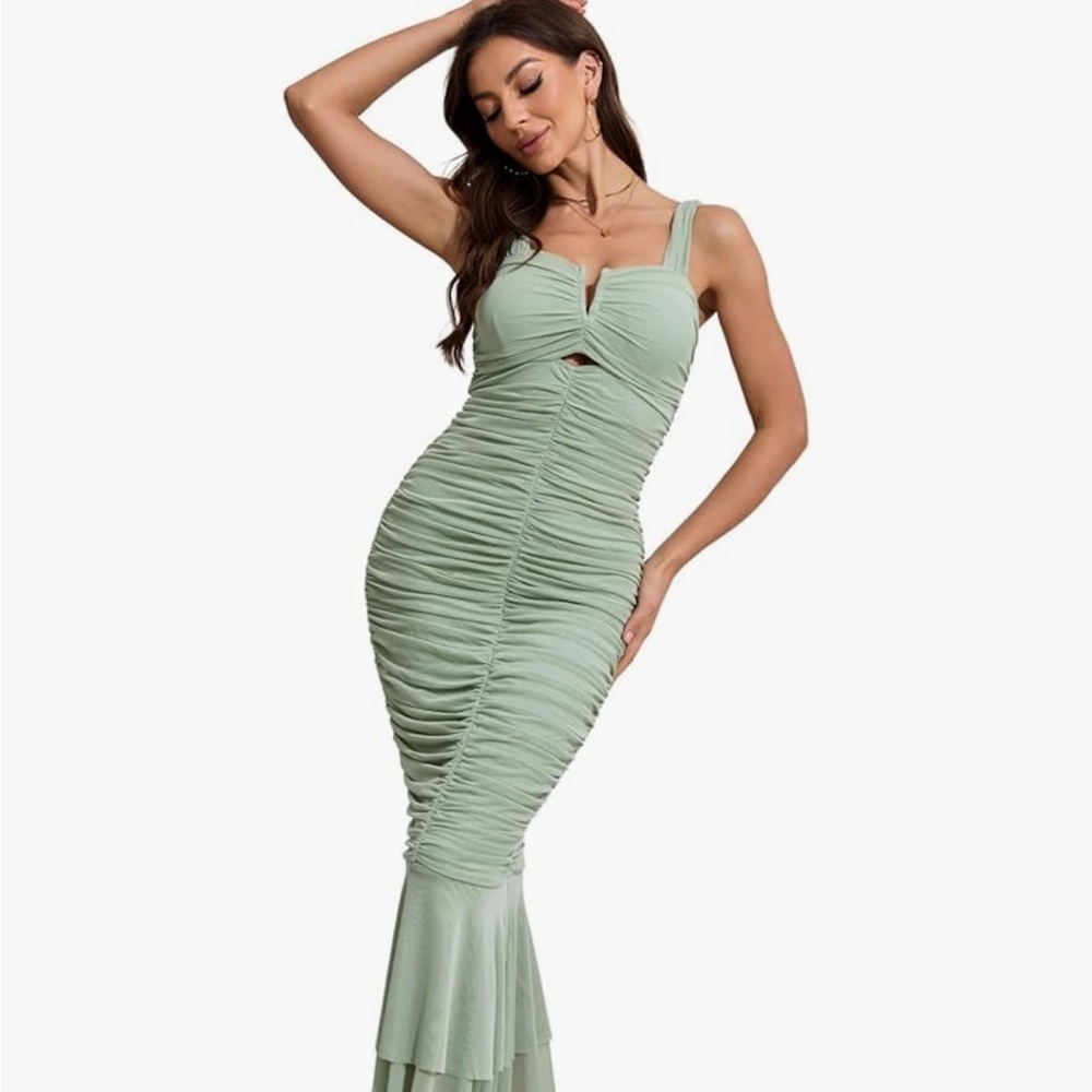 Elegant Sage Green Ruched Dress